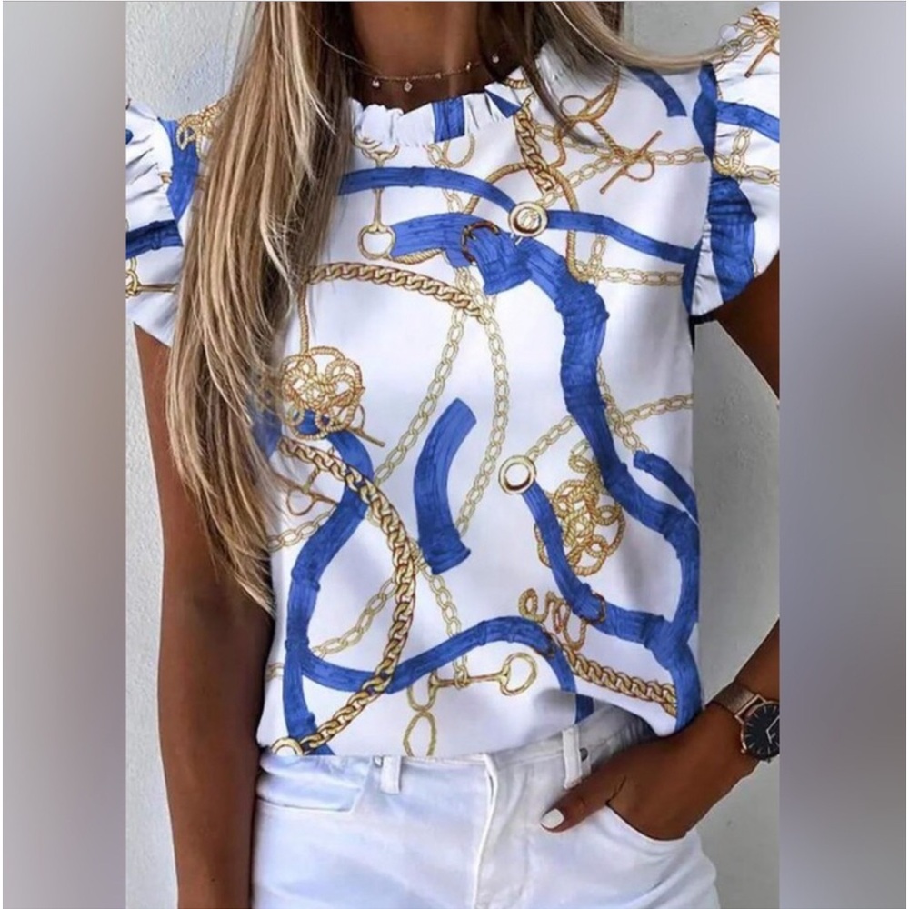 Chain Print Ruffle Sleeve Top